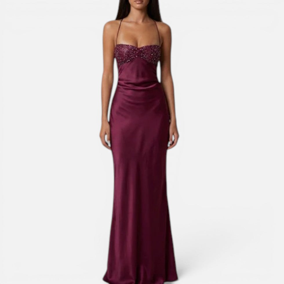 Maxikleid Perlenbesatz Halterneck Ärmellos Satinoptik