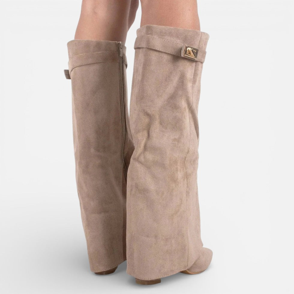 Damen kniehohe Stiefel mit Blockabsatz und Reißverschluss