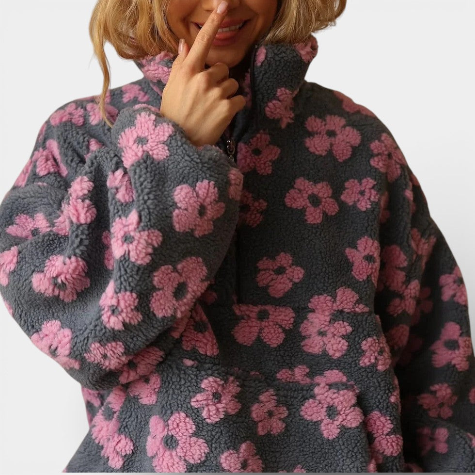 Damen Fleece Pullover mit Blumenmuster und Reissverschluss