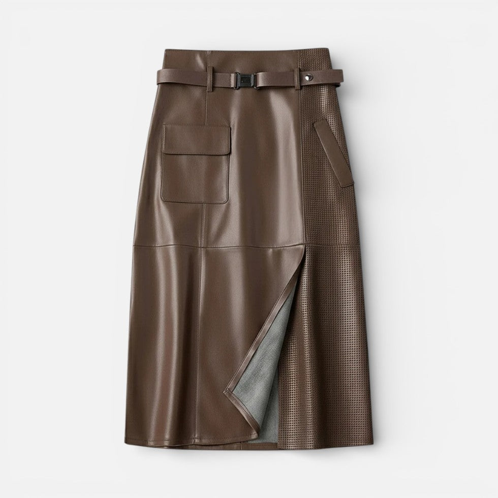 Damen Midirock in Lederoptik mit Gürtel und Taschen