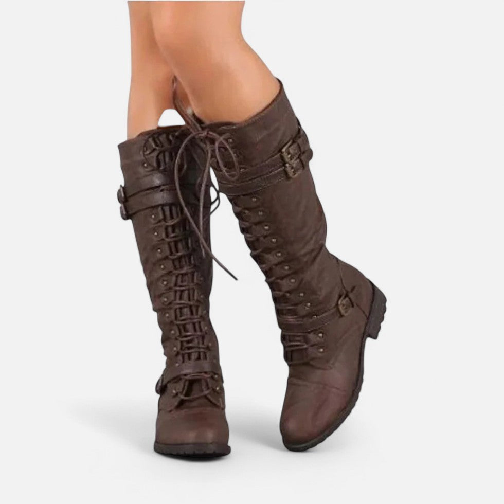 Damen Kniehohe Stiefel mit Schnürung und Schnallen