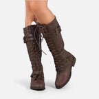 Damen Kniehohe Stiefel mit Schnürung und Schnallen