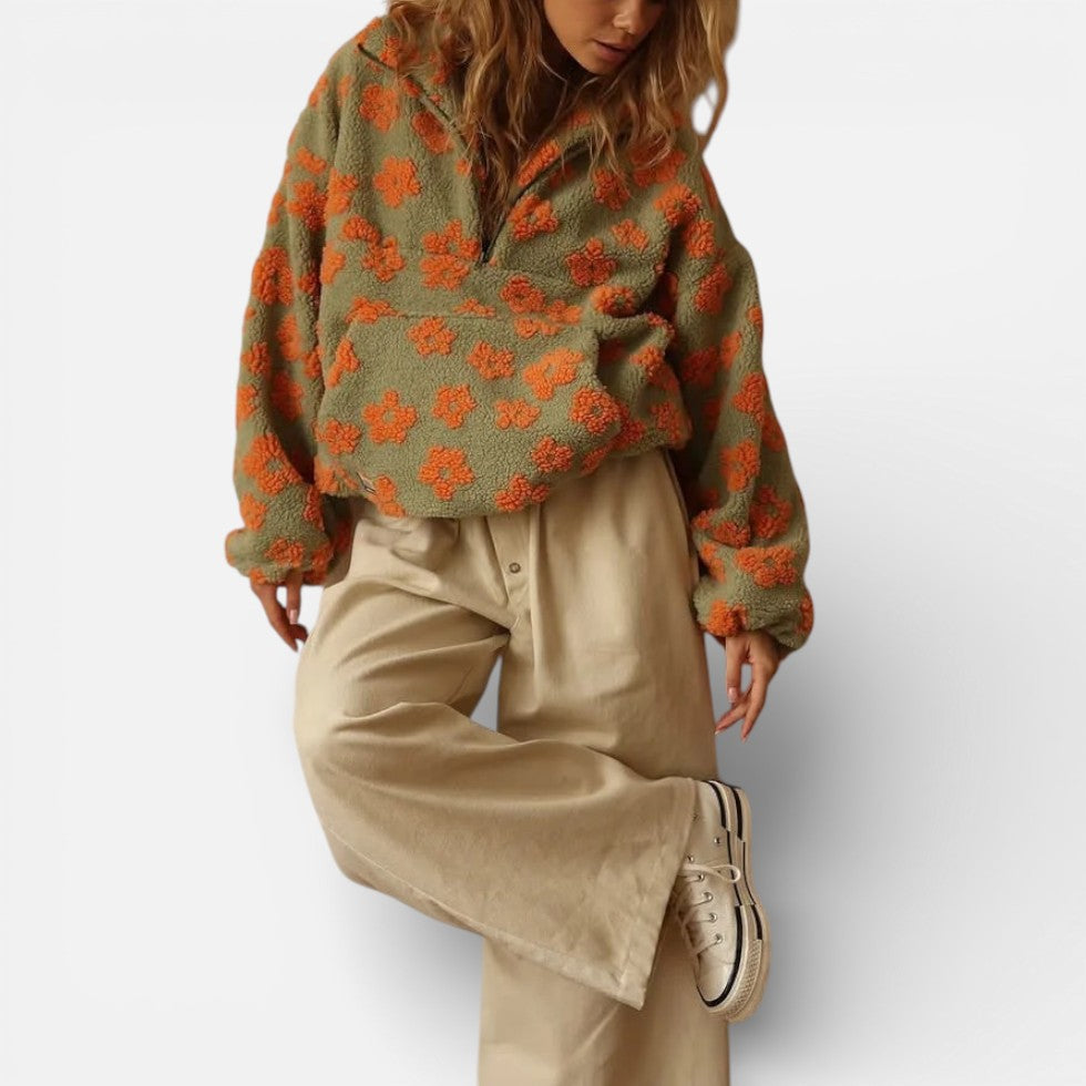 Damen Fleece Pullover mit Blumenmuster und Reissverschluss