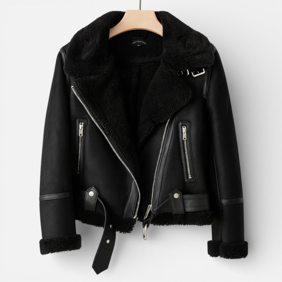Damen Bikerjacke mit Teddyfutter und Reißverschluss