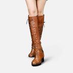 Damen Kniehohe Stiefel mit Schnürung und Schnallen