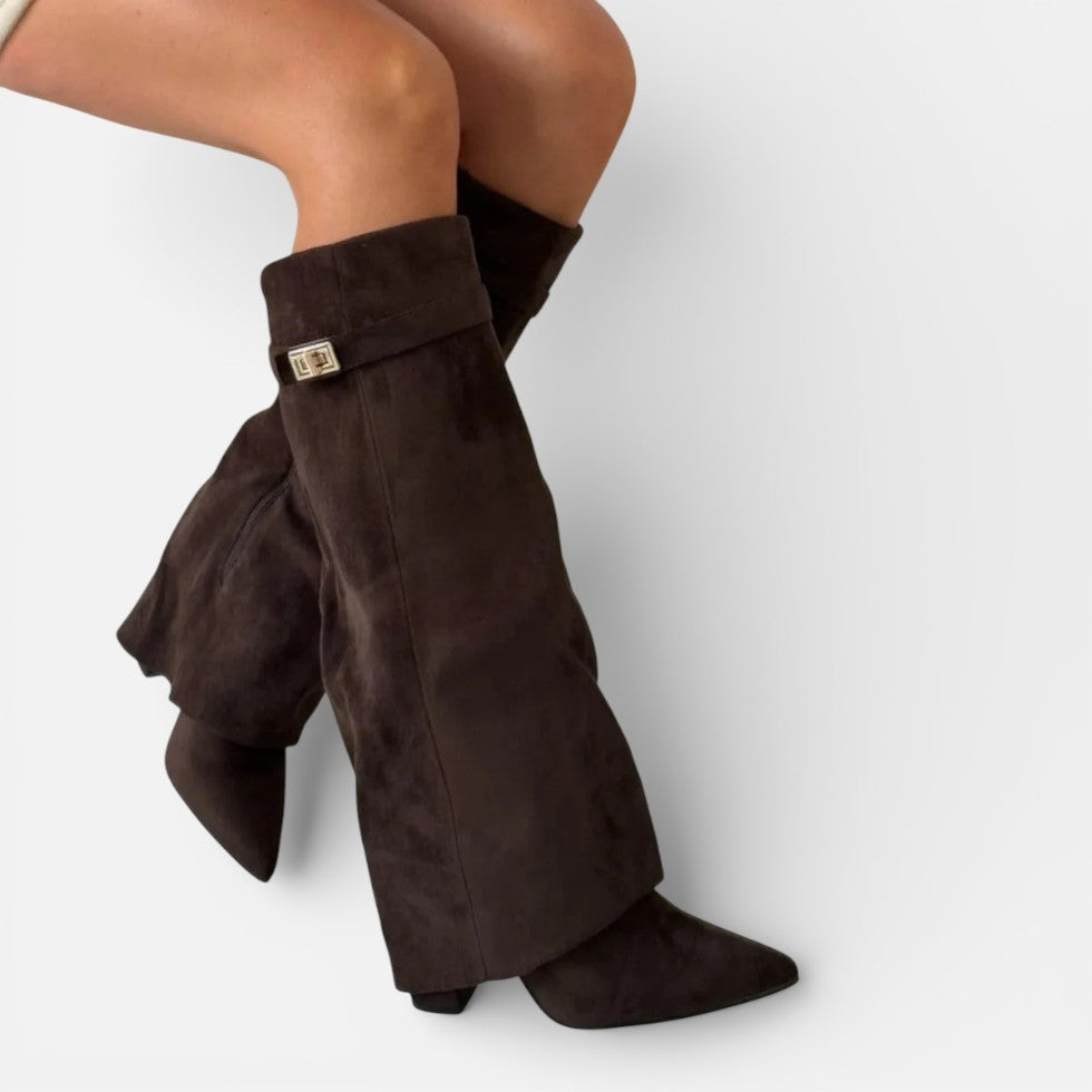 Damen kniehohe Stiefel mit Blockabsatz und Reißverschluss
