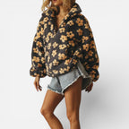 Damen Fleece Pullover mit Blumenmuster und Reissverschluss