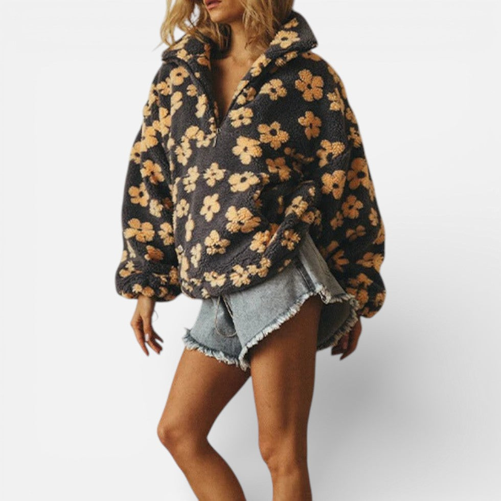 Damen Fleece Pullover mit Blumenmuster und Reissverschluss