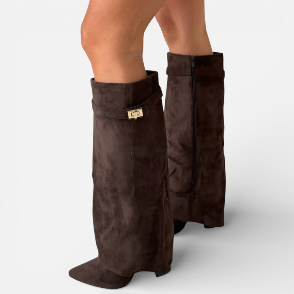 Damen kniehohe Stiefel mit Blockabsatz und Reißverschluss