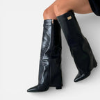 Damen kniehohe Stiefel mit Blockabsatz und Reißverschluss