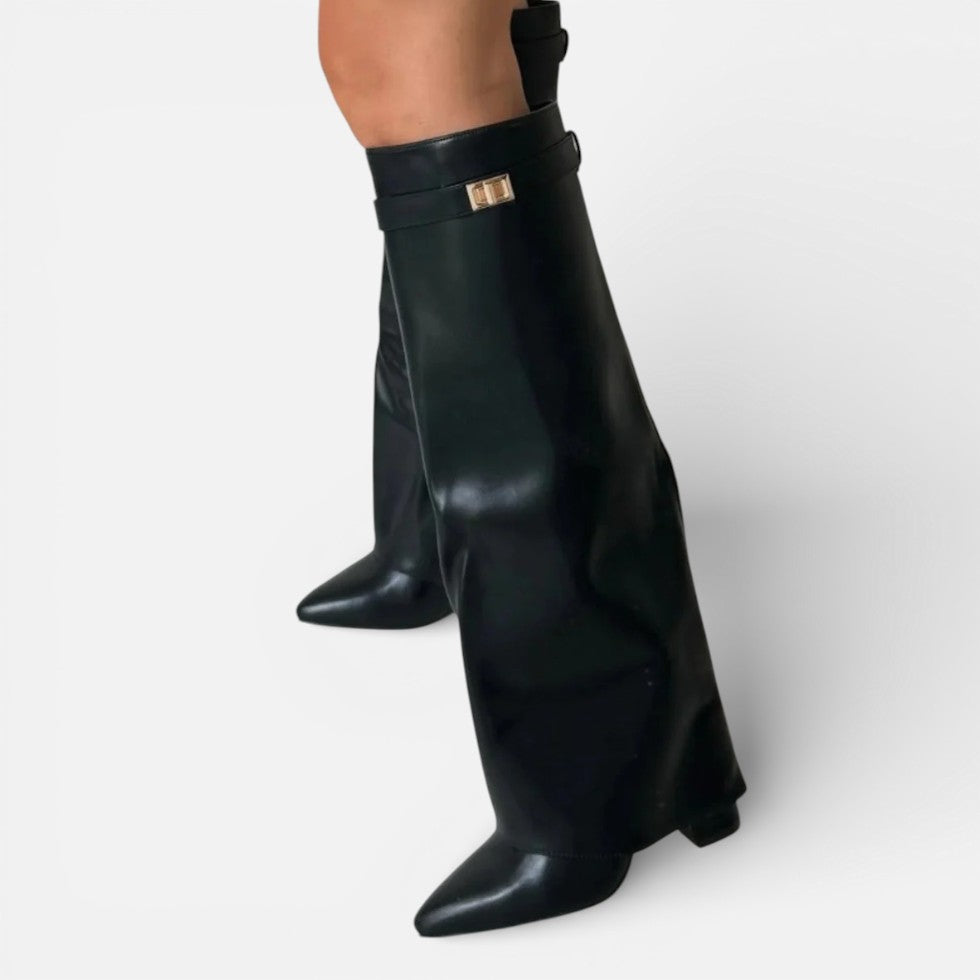 Damen kniehohe Stiefel mit Blockabsatz und Reißverschluss