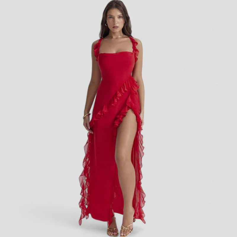 Elegantes Maxikleid mit Rüschenbesatz und Schlitz für den Abend