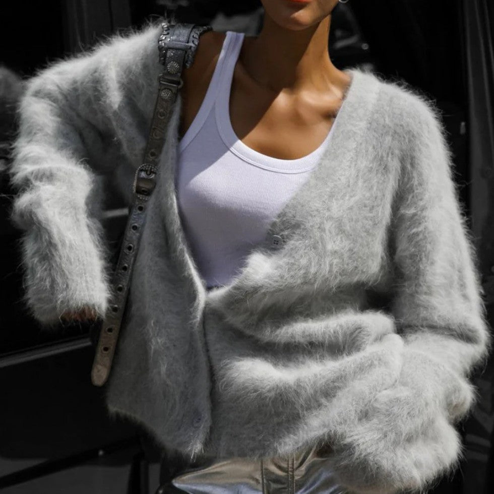 Damen Kaschmir Strickjacke mit flauschiger Oberfläche