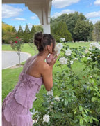 Maxikleid mit Rüschen und Falten, Neckholder, figurbetont, europäischer Stil