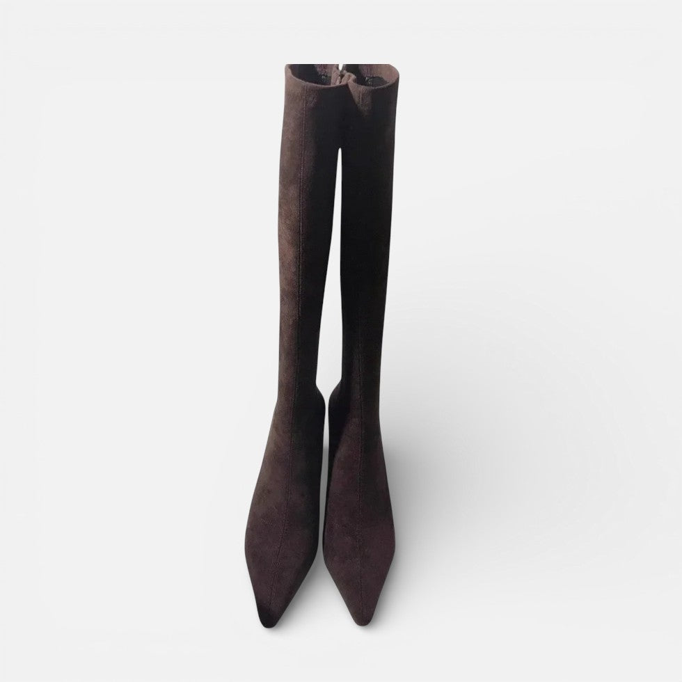 Damen Kniehohe Stiefel in Veloursoptik mit Absatz