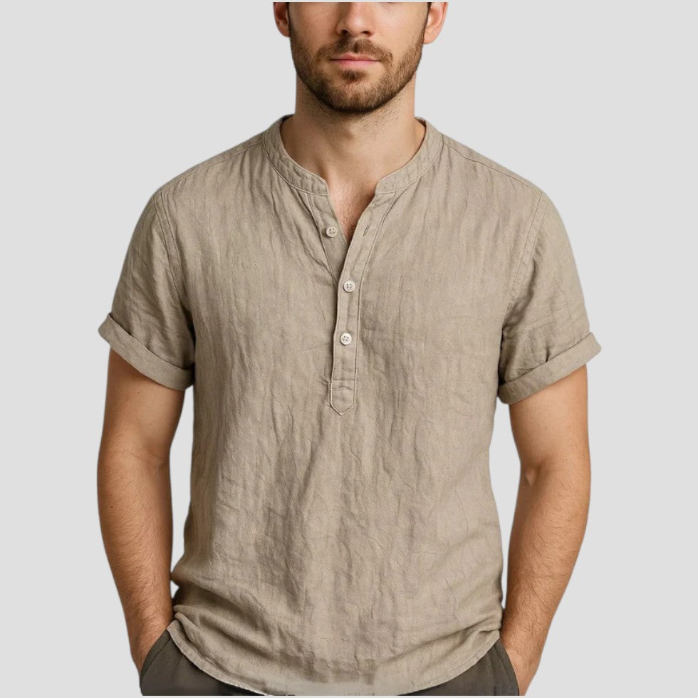 Leinen Kurzarmhemd mit Stehkragen für Herren