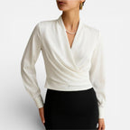 Damebluse langærmet V-hals slå om-look