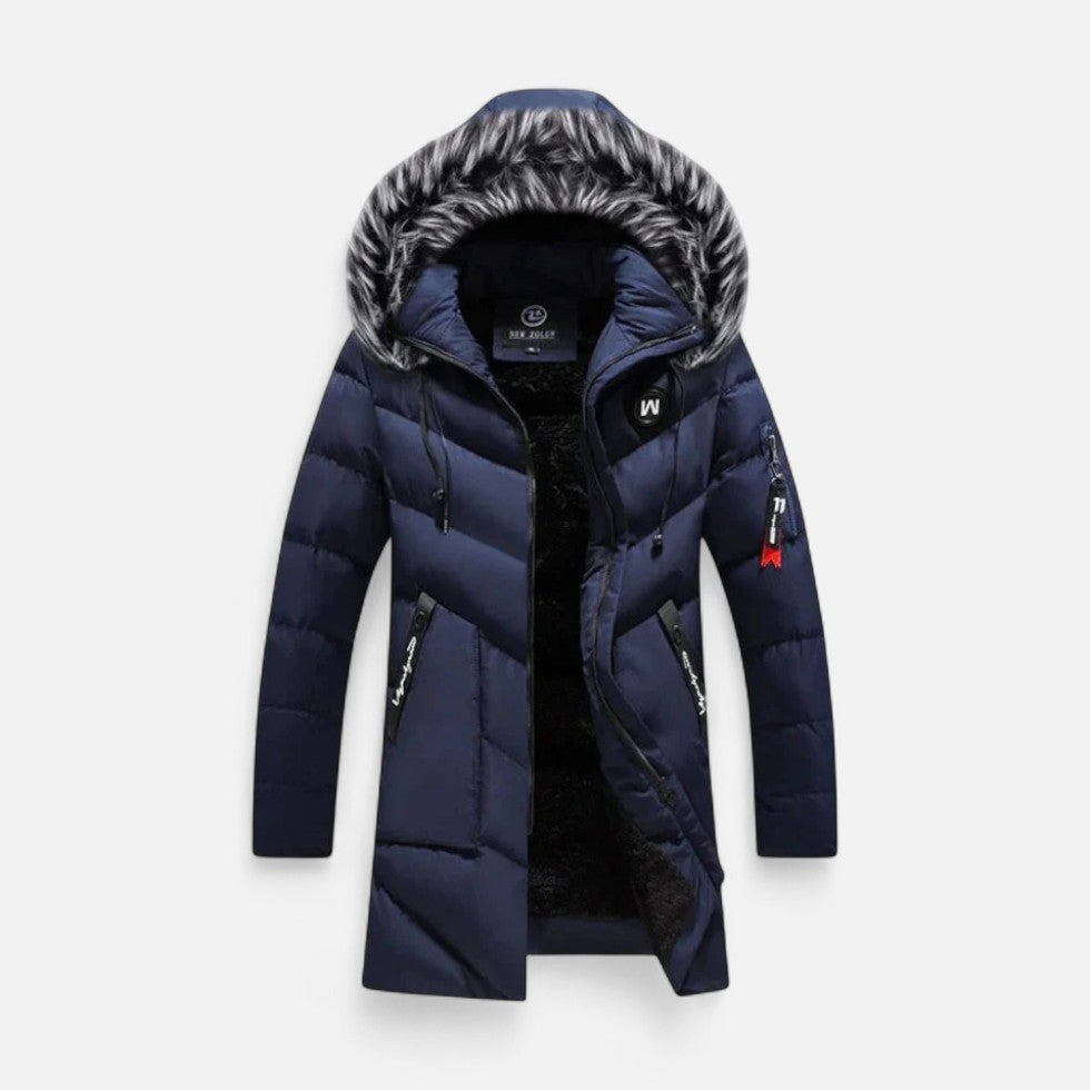 Men's winter jacket with hood and faux fur collar
