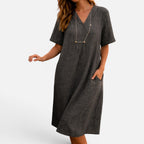 Midi Dress Loose Fit Short Sleeve V-Neck