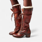 Damen Kniehohe Schnürstiefel mit Blockabsatz