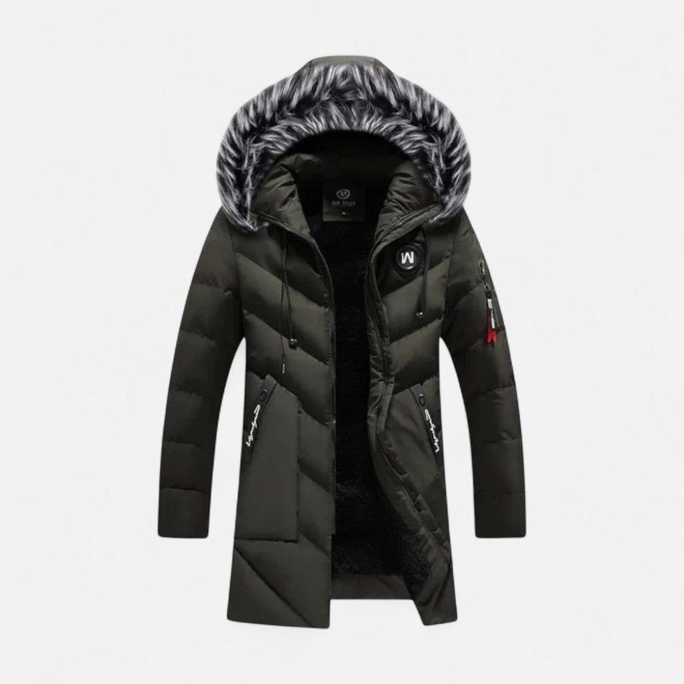Men's winter jacket with hood and faux fur collar