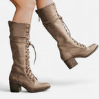 Damen Kniehohe Schnürstiefel mit Blockabsatz