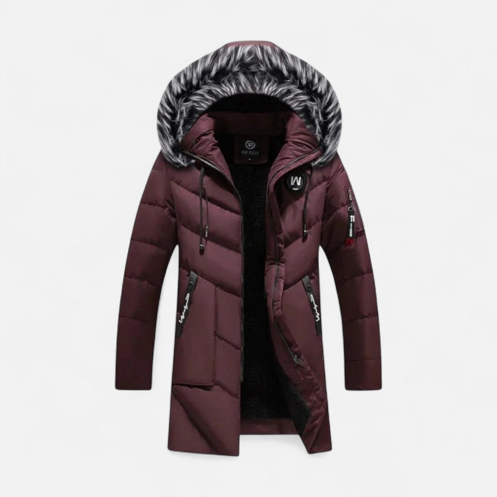 Men's winter jacket with hood and faux fur collar
