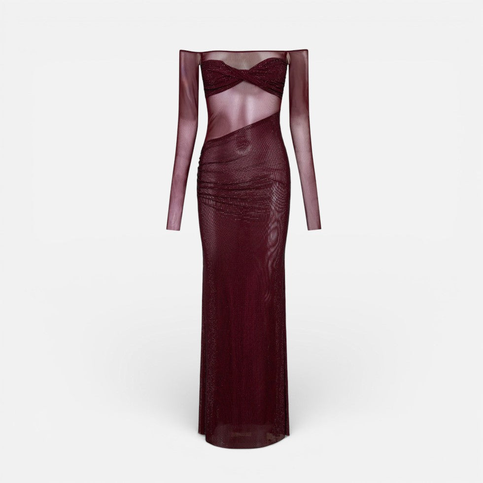 Lang gallakjole med off-shoulder-snit og transparent overdel