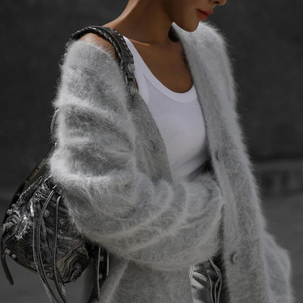 Damen Kaschmir Strickjacke mit flauschiger Oberfläche