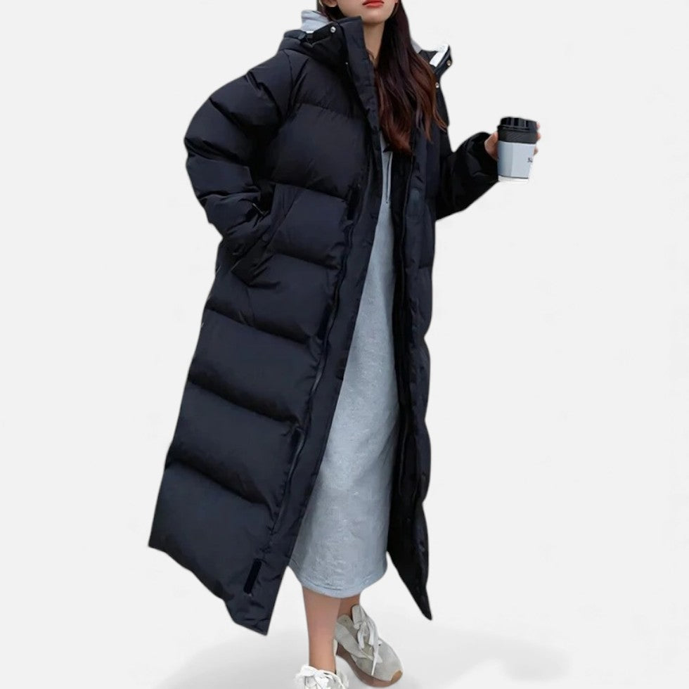Langer Steppmantel mit Kapuze