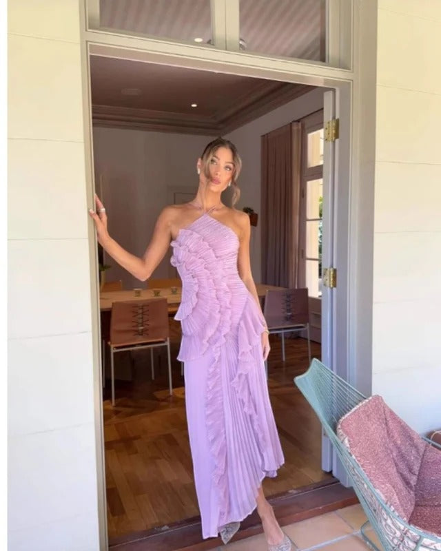 Maxikleid mit Rüschen und Falten, Neckholder, figurbetont, europäischer Stil