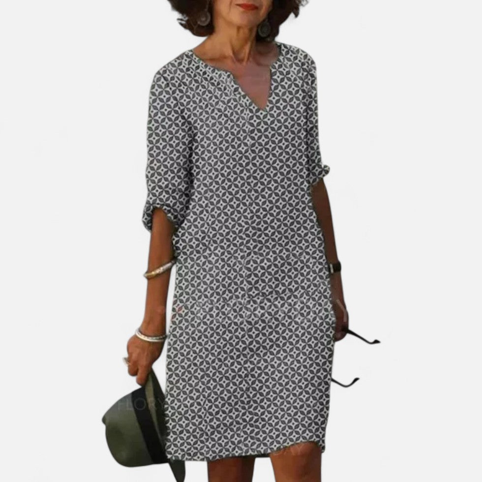 Gemustertes Freizeitkleid mit V-Ausschnitt und Knopfleiste