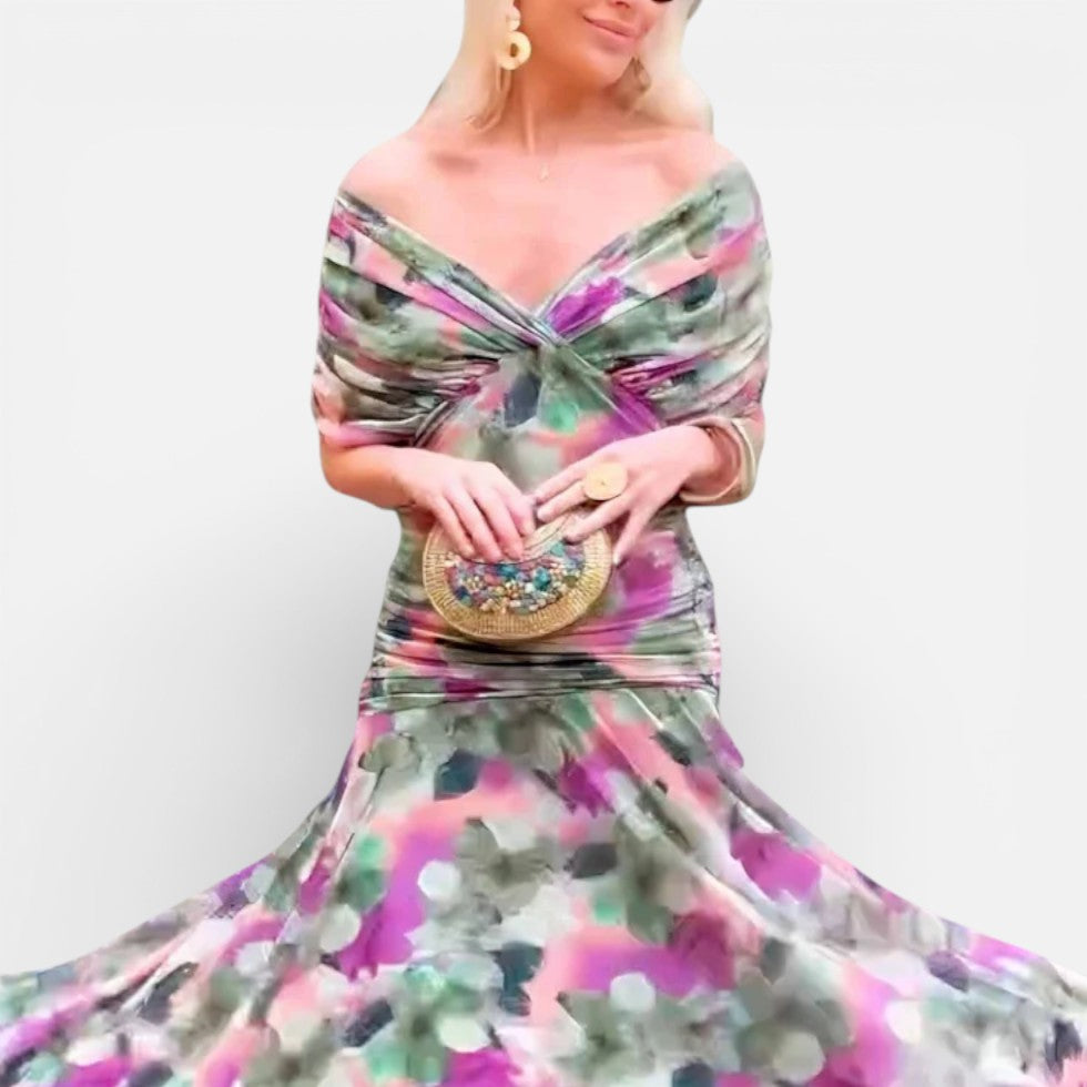 Off-shoulder midikjole med draperinger