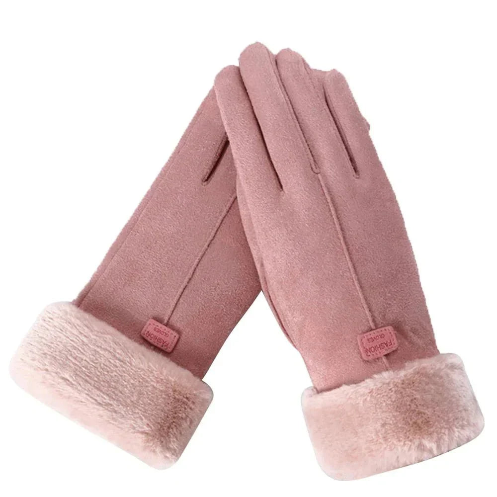 Damen Handschuhe in Wildlederoptik mit Plüschbündchen – Touchscreen-Winterhandschuhe, Herbst Winter