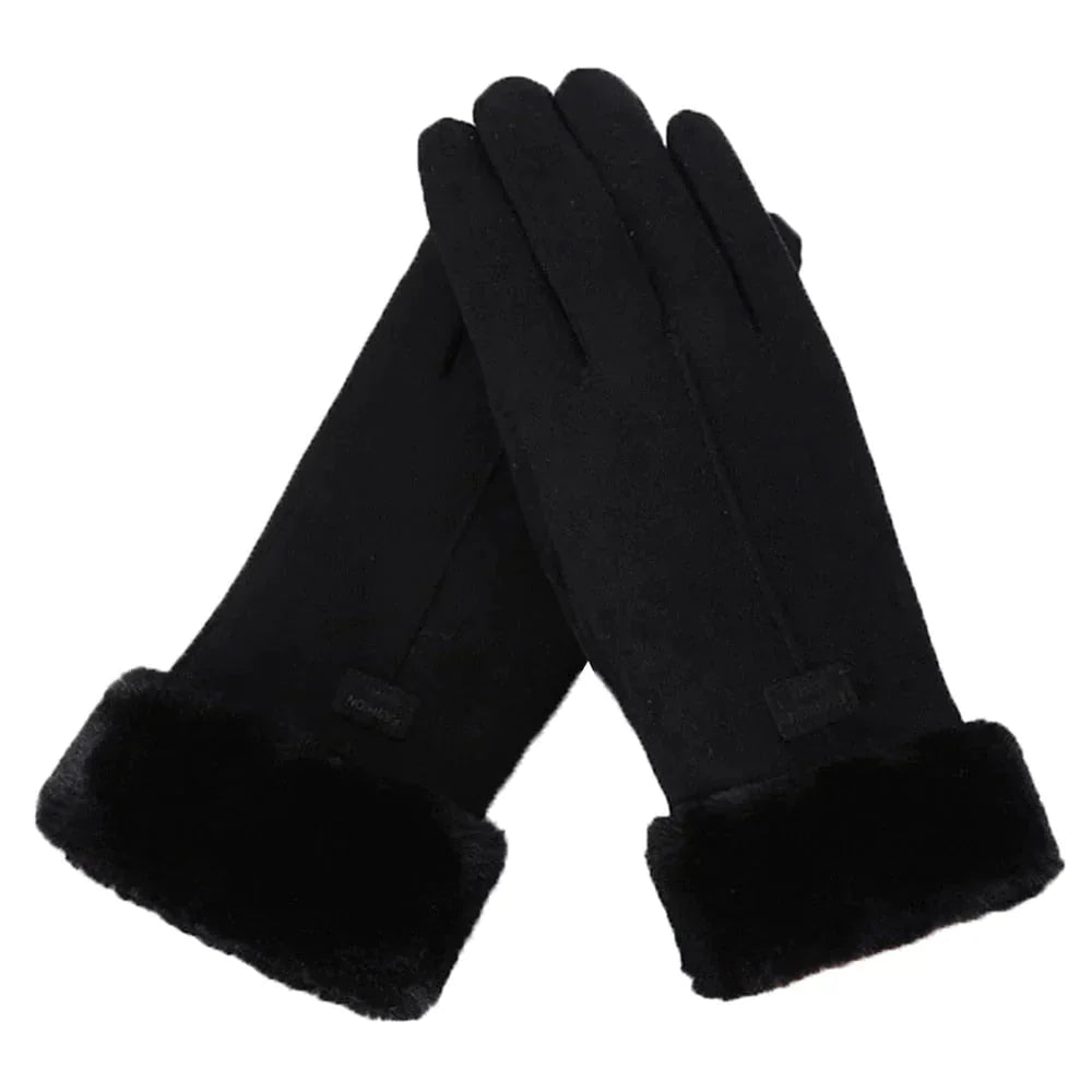 Damen Handschuhe in Wildlederoptik mit Plüschbündchen – Touchscreen-Winterhandschuhe, Herbst Winter