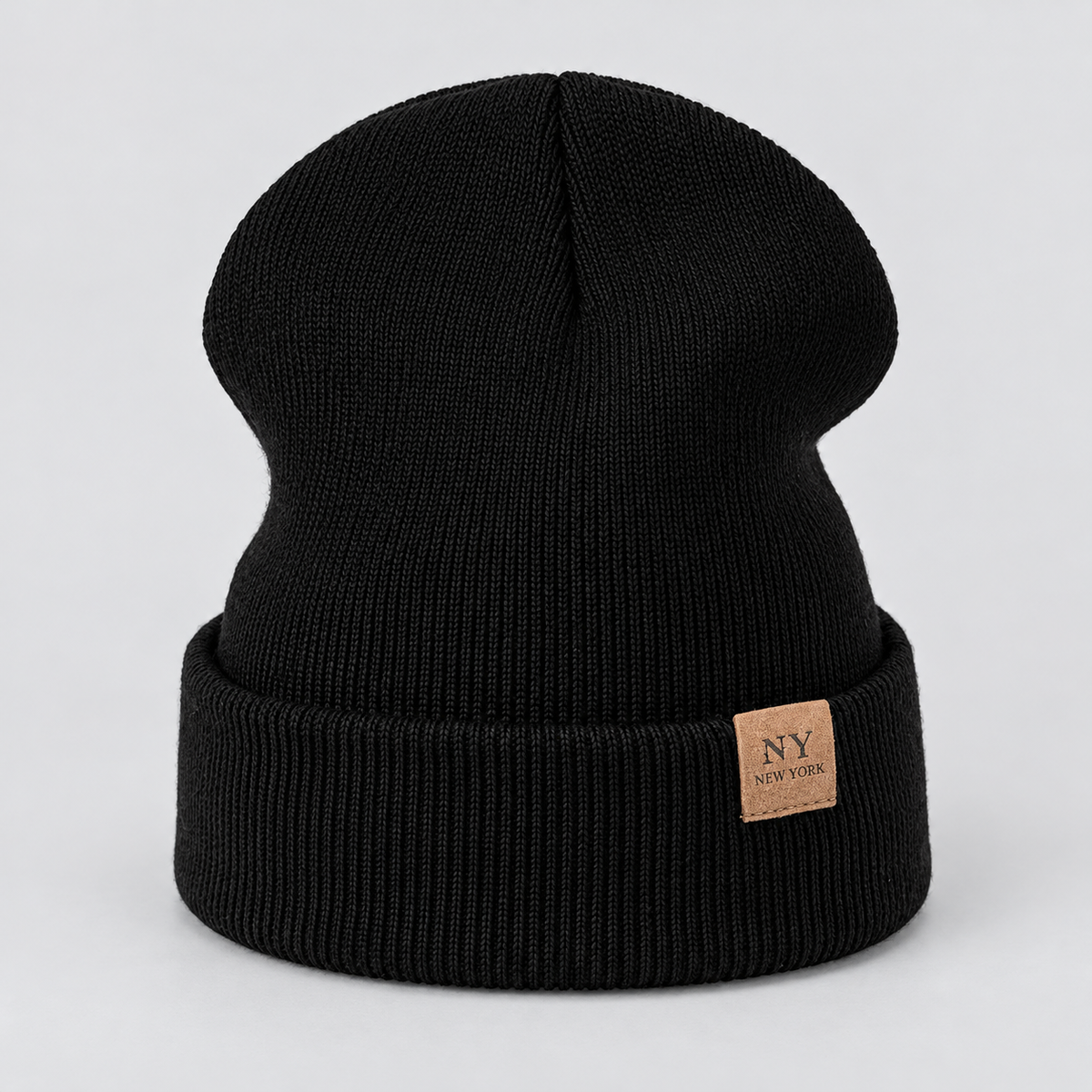 Damen Strickmütze mit Umschlag und Lederpatch – Gerippte Beanie, Herbst Winter