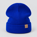Damen Strickmütze mit Umschlag und Lederpatch – Gerippte Beanie, Herbst Winter