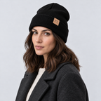 Damen Strickmütze mit Umschlag und Lederpatch – Gerippte Beanie, Herbst Winter