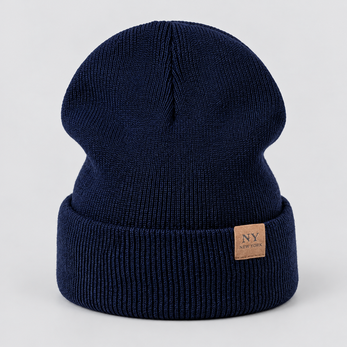 Damen Strickmütze mit Umschlag und Lederpatch – Gerippte Beanie, Herbst Winter