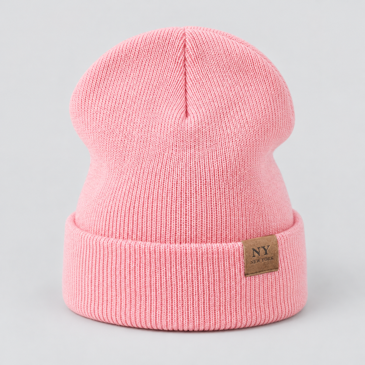 Damen Strickmütze mit Umschlag und Lederpatch – Gerippte Beanie, Herbst Winter