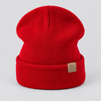 Damen Strickmütze mit Umschlag und Lederpatch – Gerippte Beanie, Herbst Winter