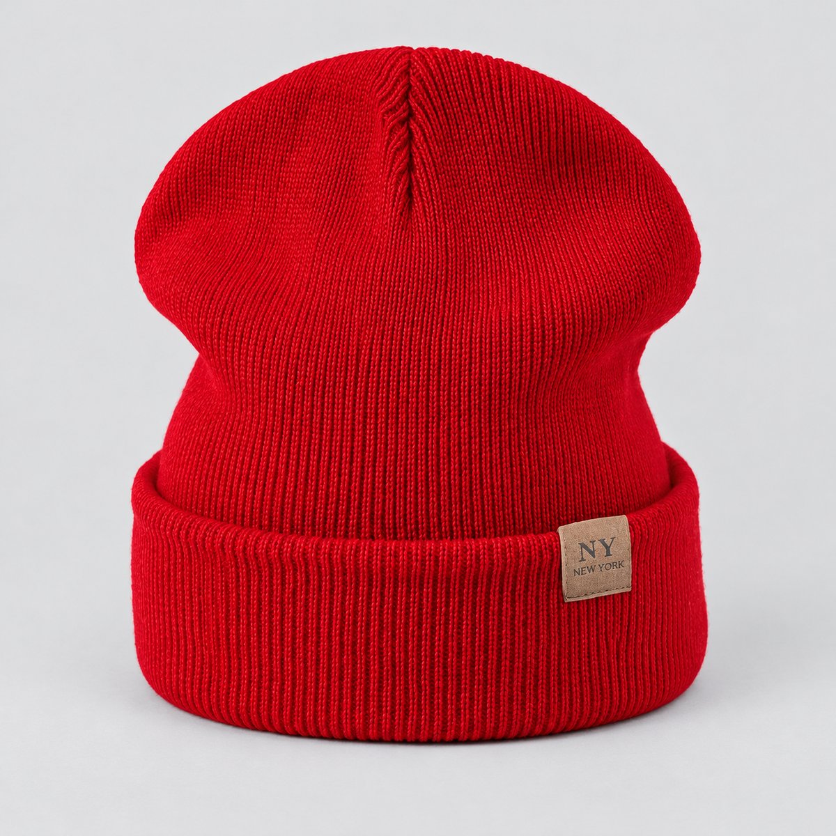 Damen Strickmütze mit Umschlag und Lederpatch – Gerippte Beanie, Herbst Winter
