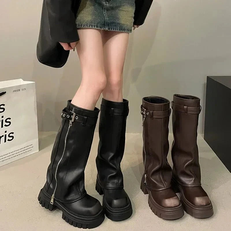 Damen kniehohe Plateau-Stiefel mit rutschfester Sohle