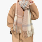 Damen Karierter Vintage-Schal mit Fransen – Großer Karoschal, Herbst Winter