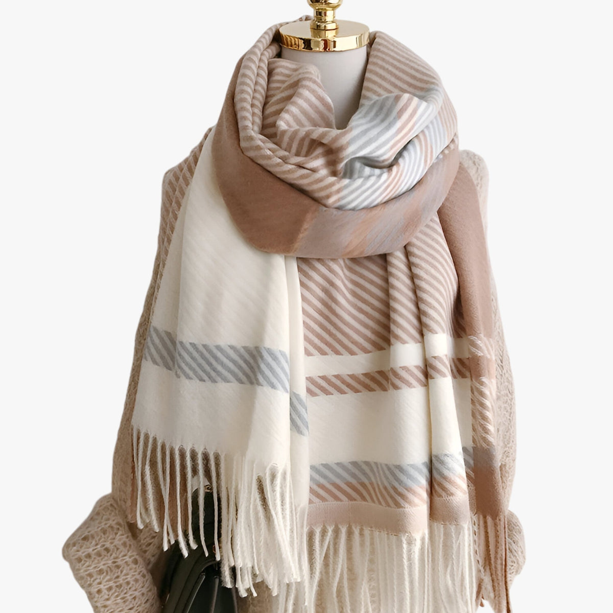 Damen Karierter Vintage-Schal mit Fransen – Großer Karoschal, Herbst Winter